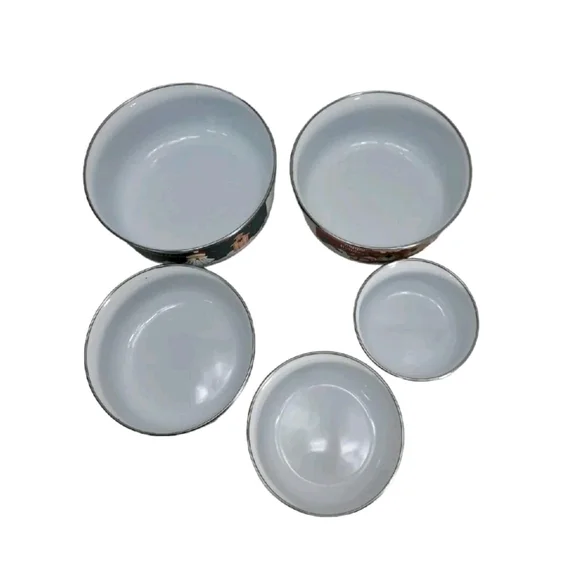 Vintage 10pc Christmas Santa Enamel Metal Nesting Bowl Stacking Set w/Lids New - Picture 9 of 10